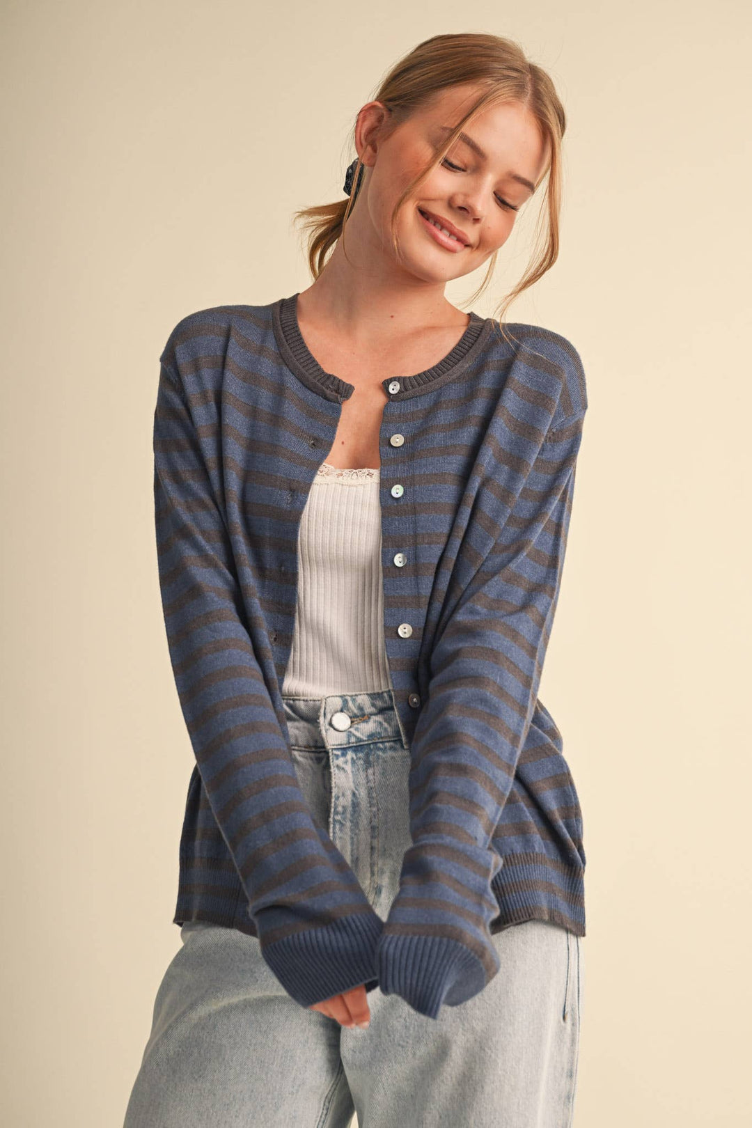 DENIM CAMPUS STRIPE CARDIGAN
