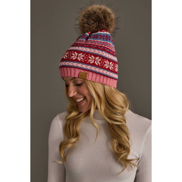 PINK, RED & BLUE FESTIVE PATTERNED POM HAT