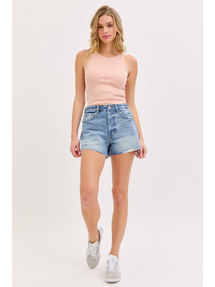 MANDY 5 POCKET DISTRESSED HEM DENIM SHORTS