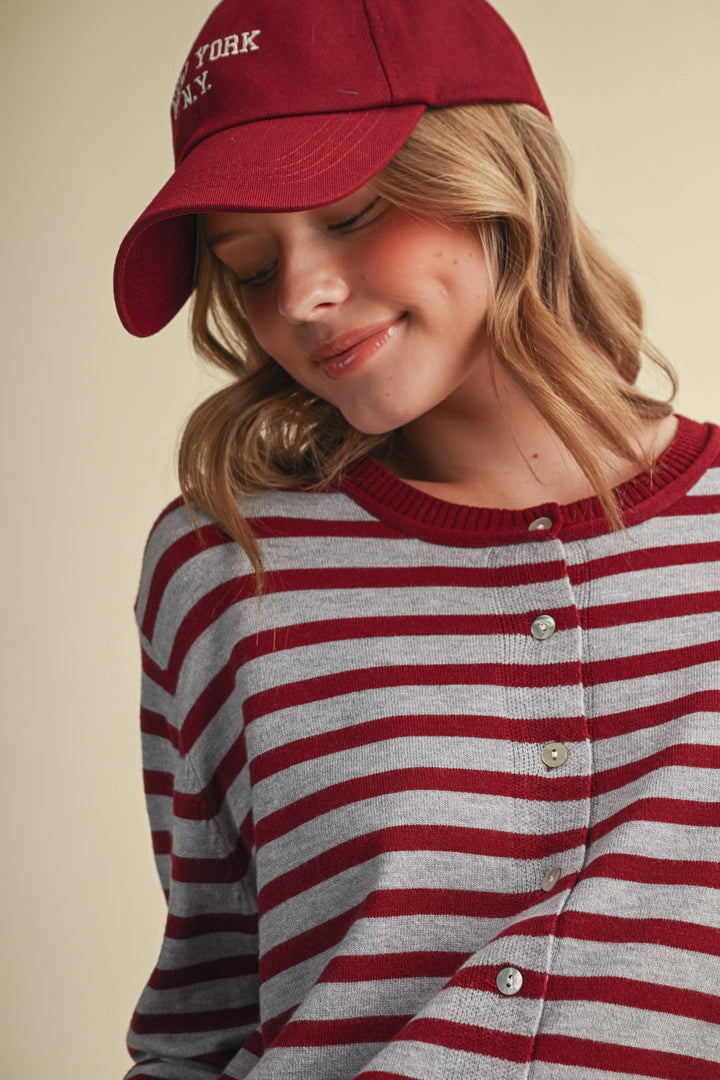 MAROON CAMPUS STRIPE CARDIGAN