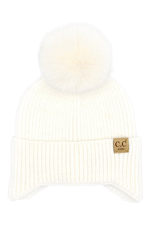 YOUTH IVORY EAR FLAP POM HAT