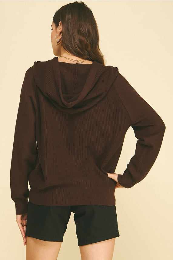 ESPRESSO HOODED BUTTON DOWN CARDIGAN