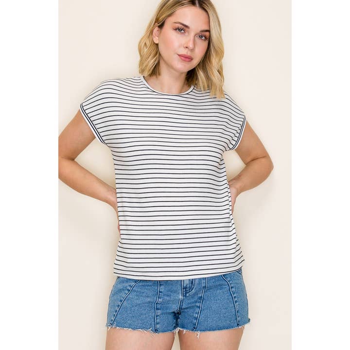 IVORY & BLACK STRIPE TAPED HEM TOP
