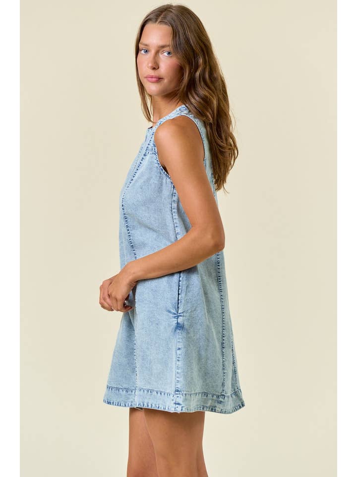 MIMI CHAMBRAY SLEEVELESS A-LINE DRESS