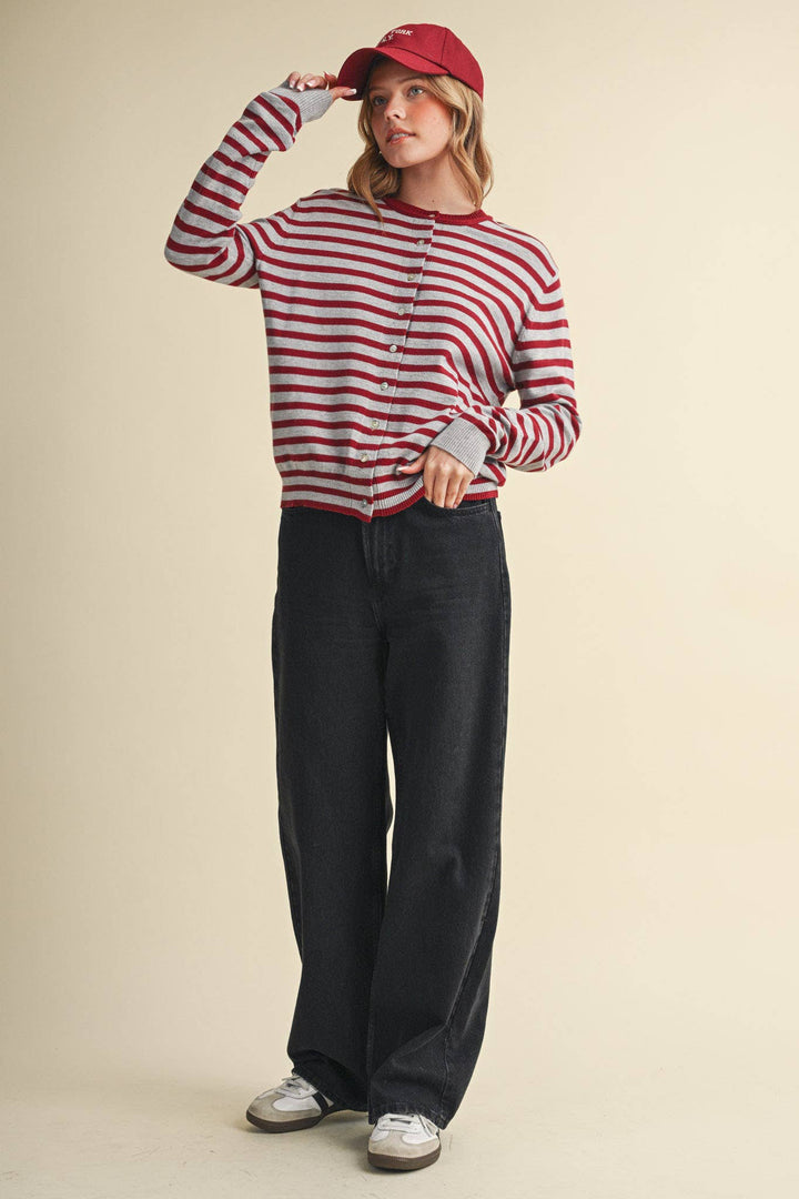 MAROON CAMPUS STRIPE CARDIGAN