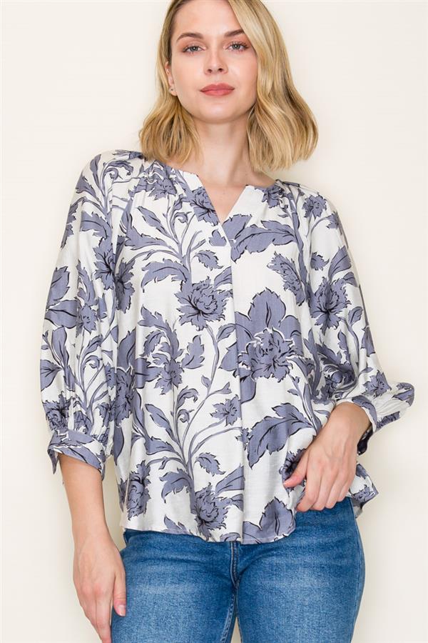LOVELY GREY FLORAL SPLIT NECK BLOUSE
