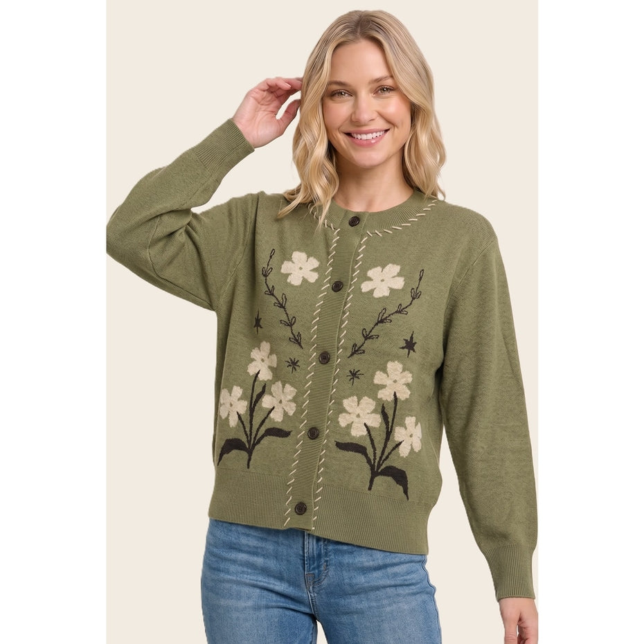 OLIVE FLORAL BUTTON FRONT CARDIGAN