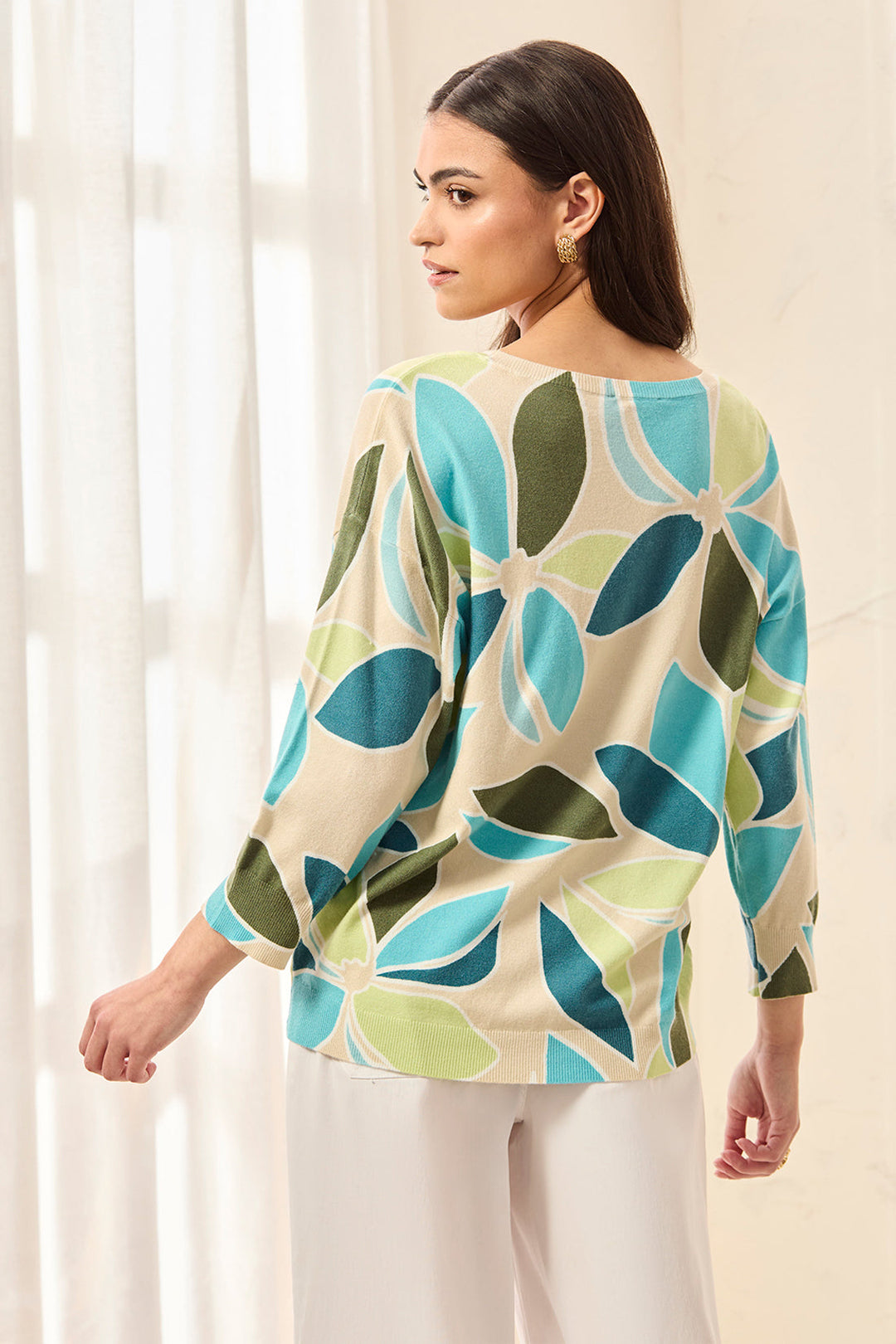 AQUA SKY PRINT SOFT KNIT CREWNECK SWEATER