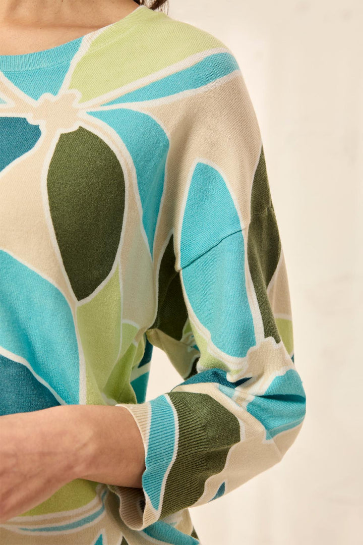 AQUA SKY PRINT SOFT KNIT CREWNECK SWEATER