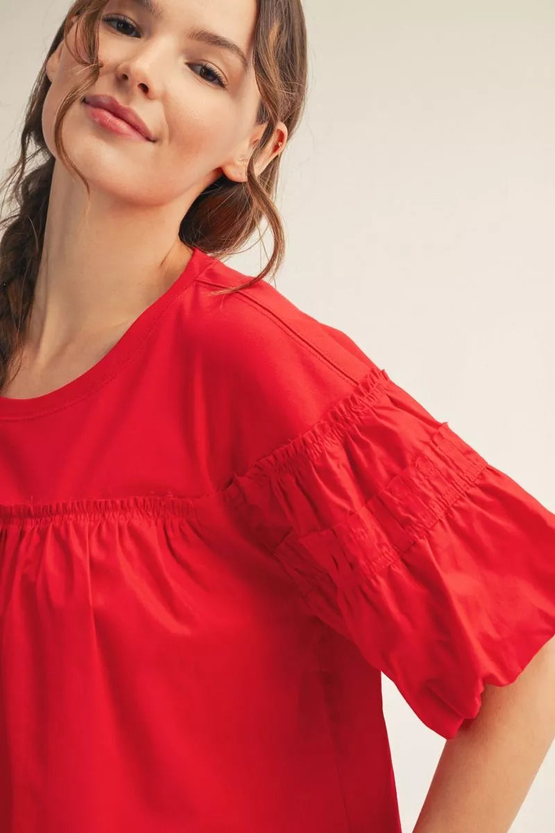 AMY SOLID RED SMOCKED SHORT SLEEVE TOP