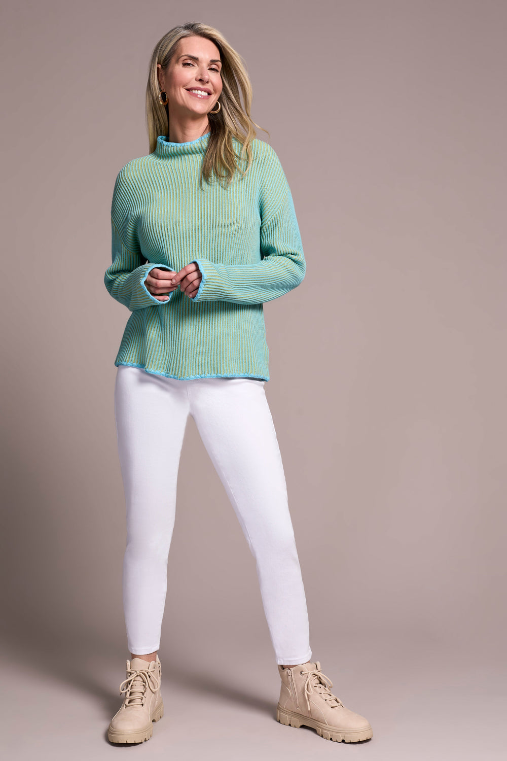 MIST BLUE TWO TONE RIB FUNNEL NECK SWEATER
