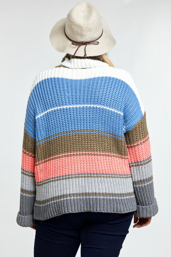 PLUS COLORBLOCK STRIPE COWL NECK SWEATER