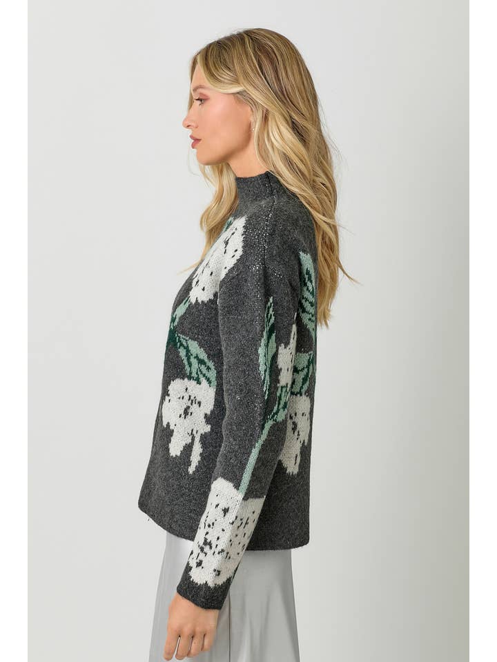 CHARCOAL FLORAL FUNNEL NECK SWEATER
