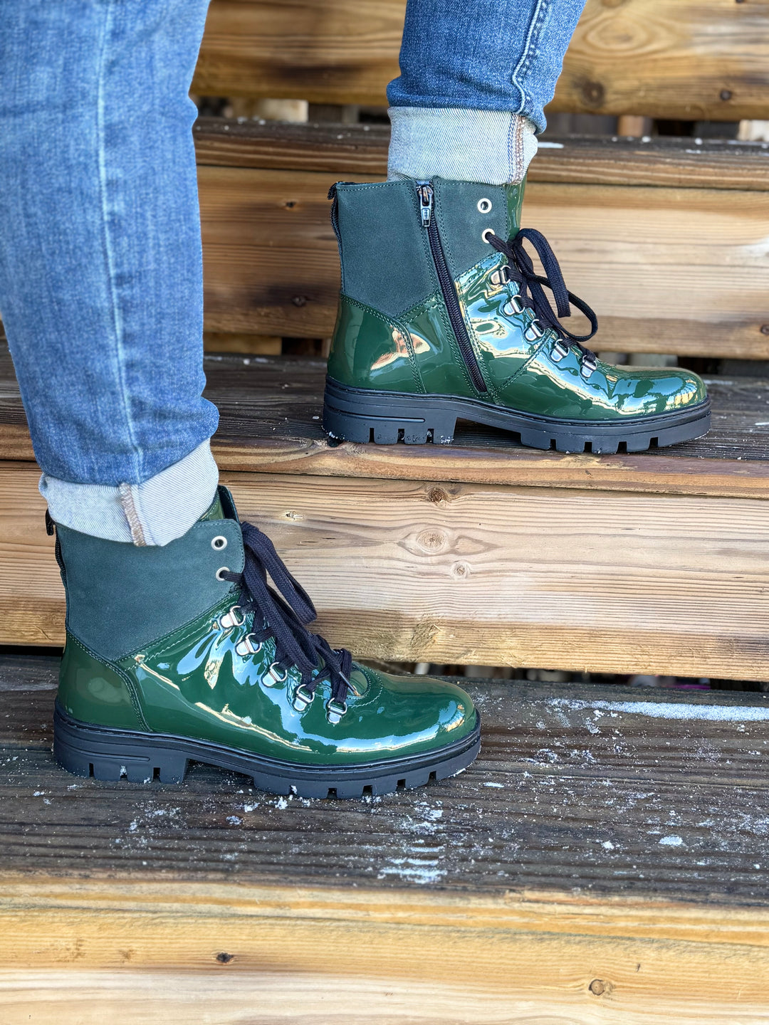 GREEN DONNA PATENT BOOTS