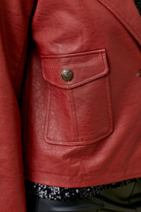 RED GOING PLACES FAUX LEATHER JACKET