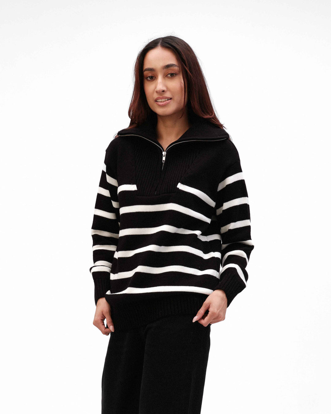 BLACK & WHITE STRIPE HALF ZIP SWEATER