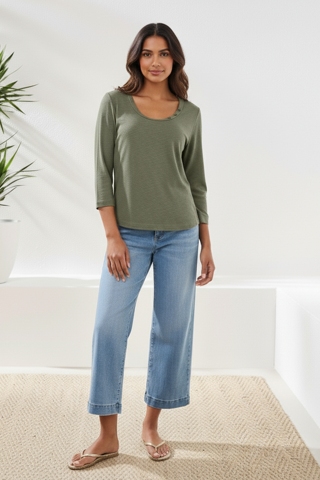 MOSS SLUB KNIT 3/4 SLEEVE TOP
