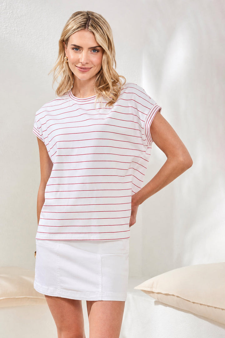 WHITE & SANGRIA STRIPE CAP SLEEVE JERSEY KNIT TOP