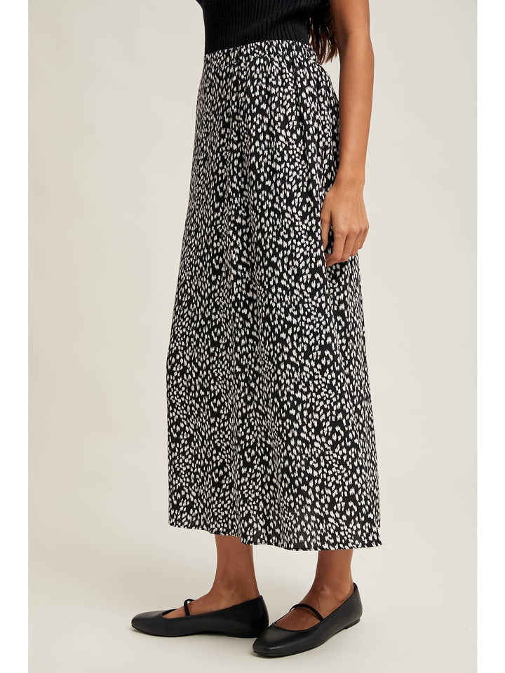 BLACK ABSTRACT LEOPARD PRINT MIDI SKIRT
