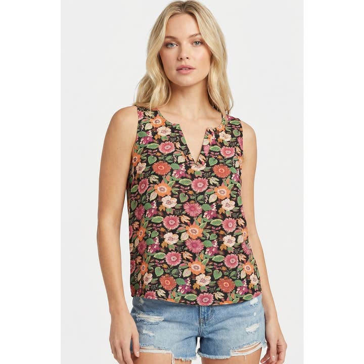 BLACK FLORAL SPLIT NECK SLEEVELESS TOP
