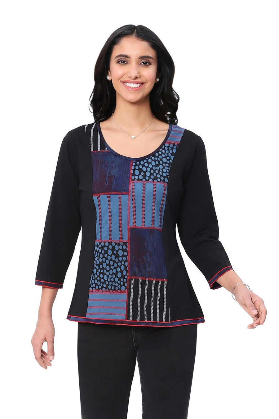 OCEAN BLUE BLOCK PRINT 3/4 SLEEVE KNIT TOP
