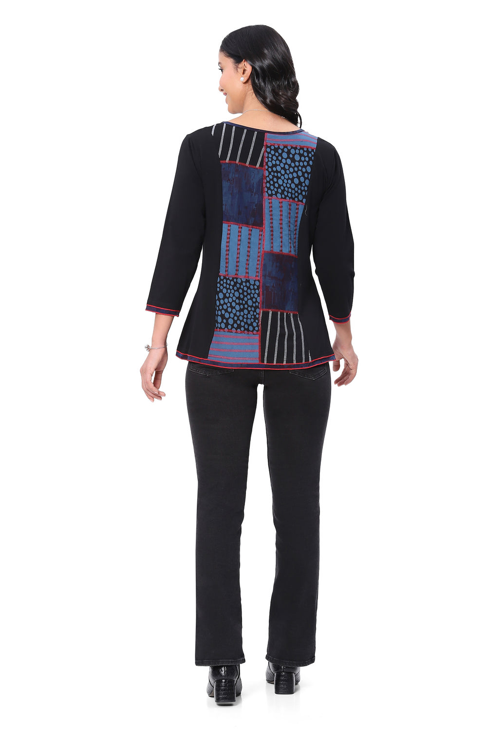 OCEAN BLUE BLOCK PRINT 3/4 SLEEVE KNIT TOP
