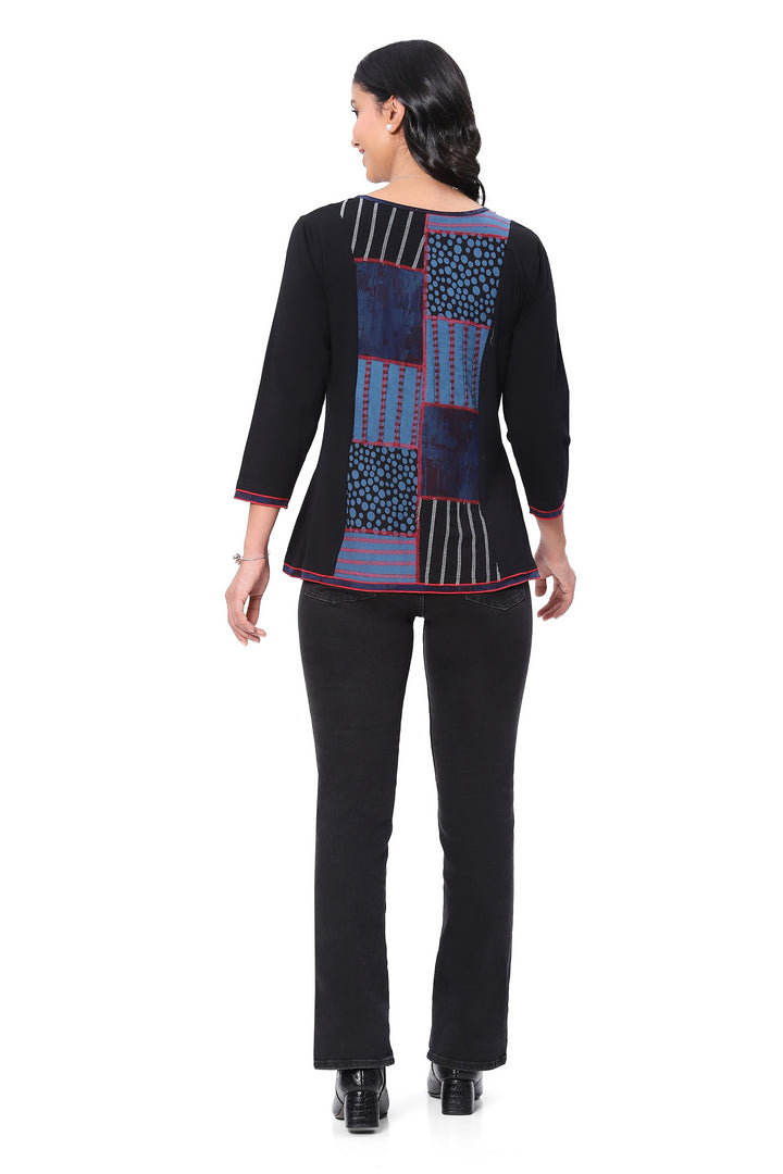 OCEAN BLUE BLOCK PRINT 3/4 SLEEVE KNIT TOP