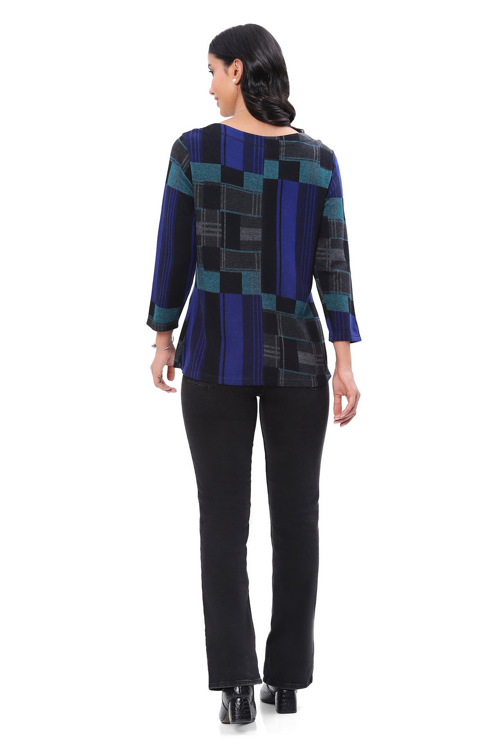 STEFFI BLUE BLOCKS 3/4 SLEEVE KNIT TOP
