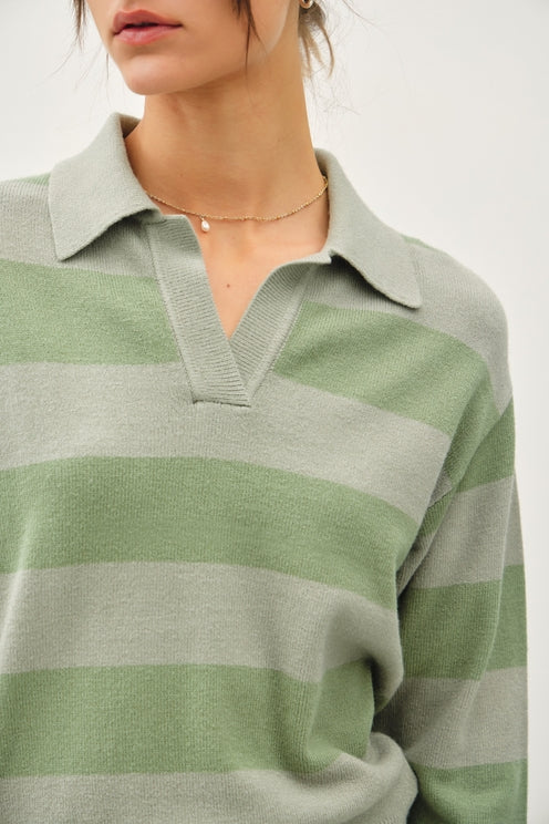 GREEN TEA STRIPE POLO KNIT SWEATER