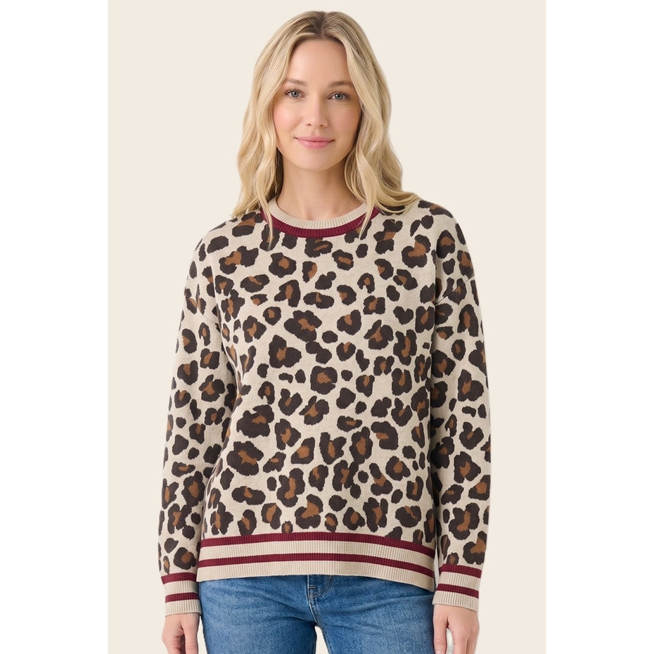 BURGUNDY STRIPE & LEOPARD CREW SWEATER