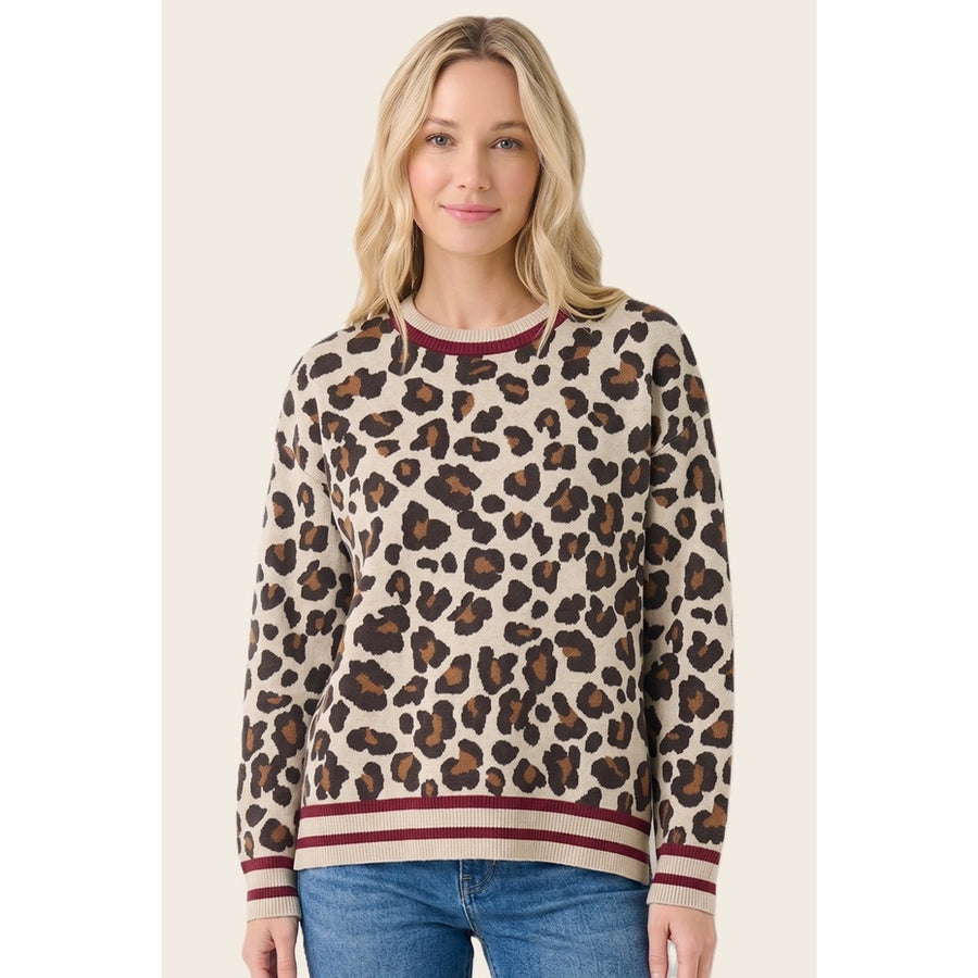 BURGUNDY STRIPE & LEOPARD CREW SWEATER
