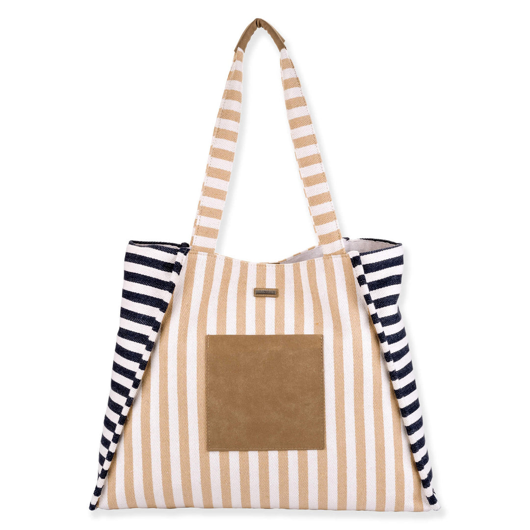 SUNSET WIND TAN & NAVY STRIPE SHOULDER TOTE