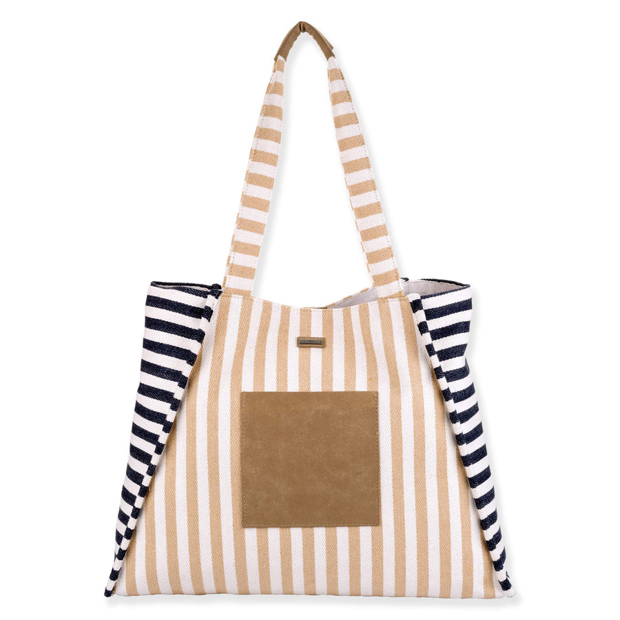 SUNSET WIND TAN & NAVY STRIPE SHOULDER TOTE
