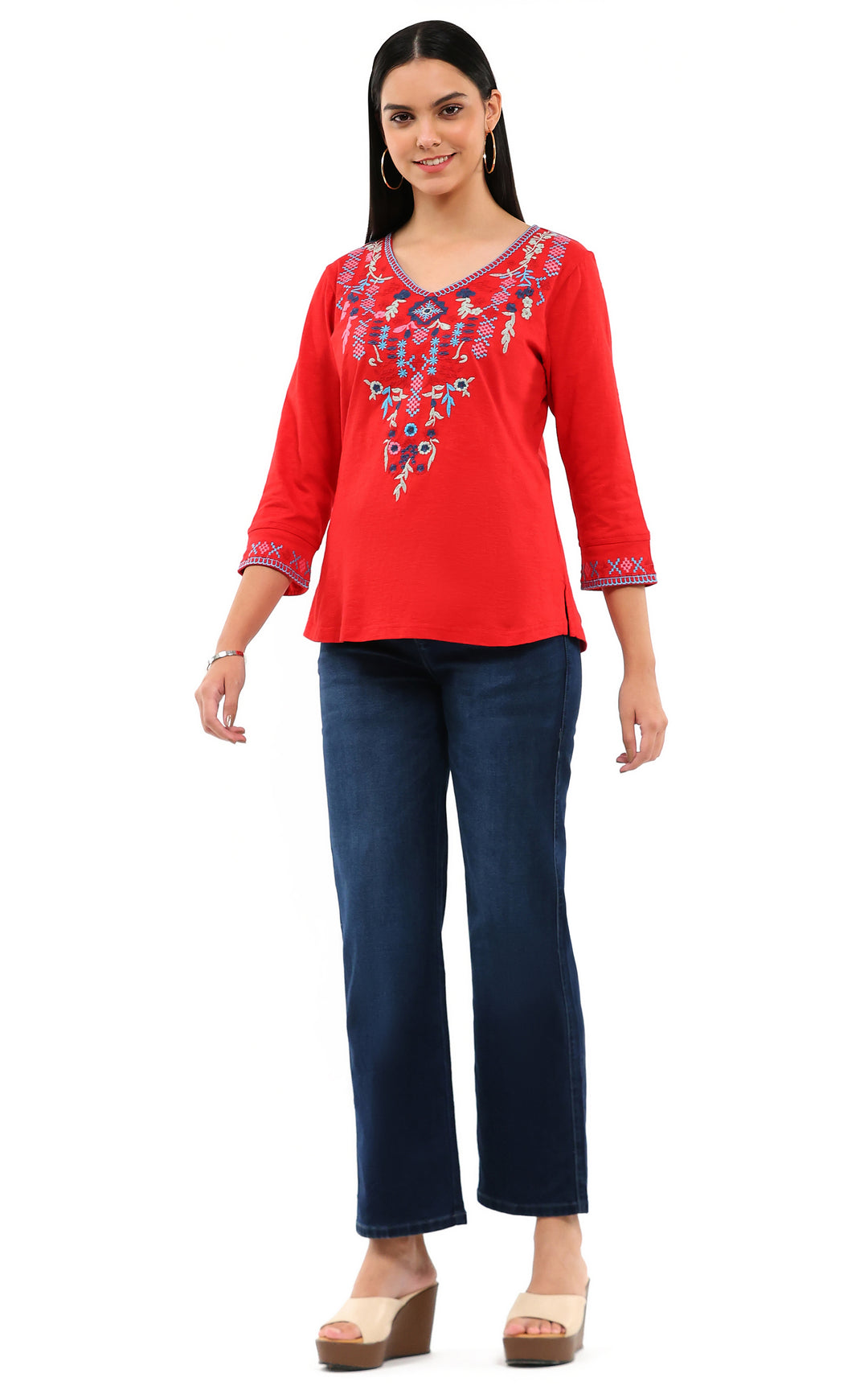 JENNA RED EMBROIDERED V-NECK KNIT TOP