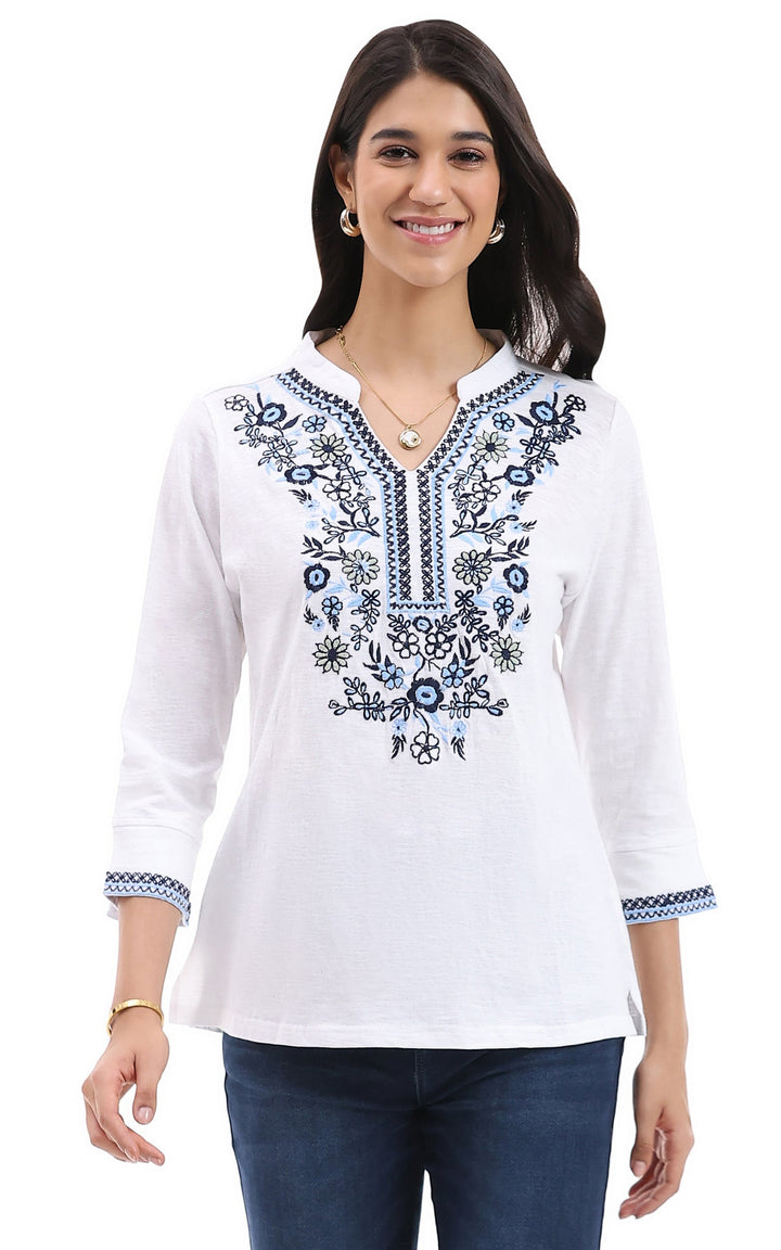 KATE DENIM EMBROIDERED 3/4 SLEEVE TOP