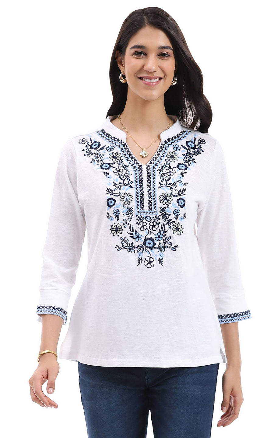 KATE DENIM EMBROIDERED 3/4 SLEEVE TOP
