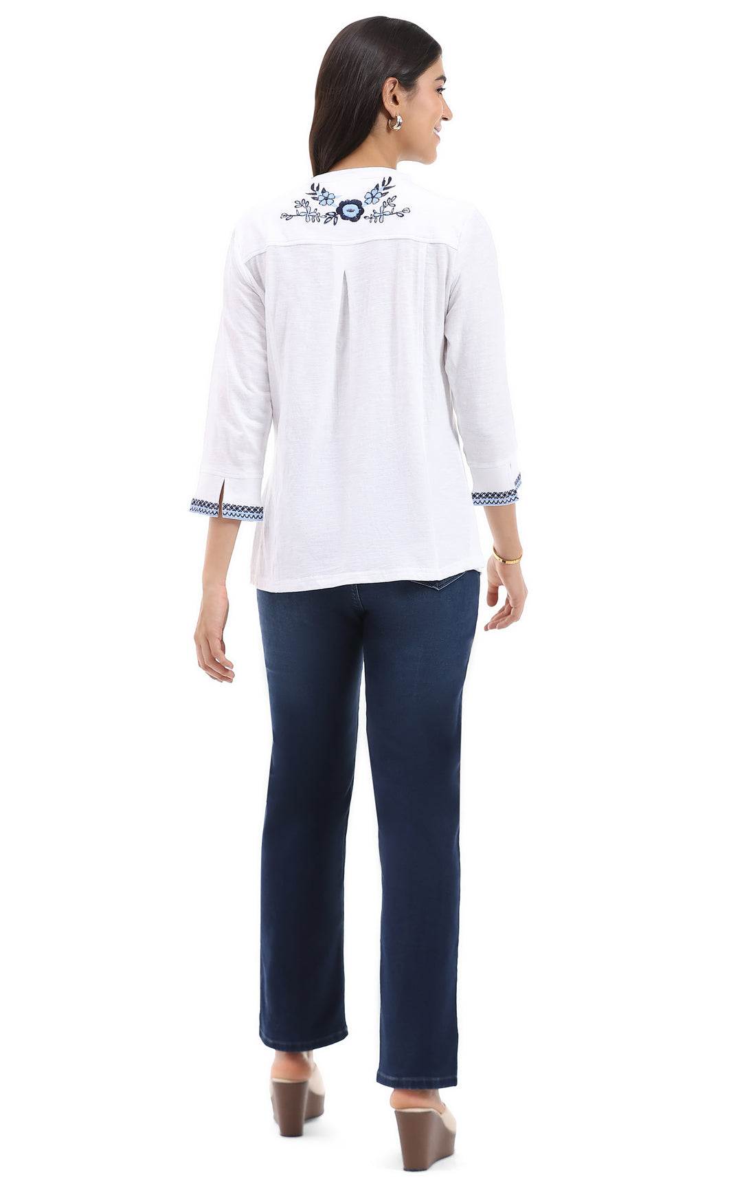 KATE DENIM EMBROIDERED 3/4 SLEEVE TOP