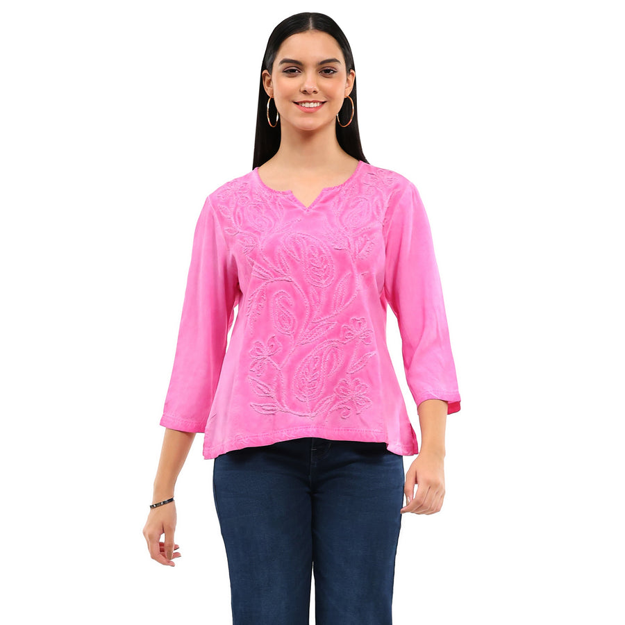 SADIE BLUSH EMBROIDERED SPLIT V-NECK SHIRT
