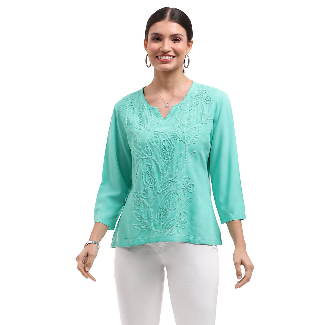 SADIE SEAFOAM EMBROIDERED SPLIT V-NECK SHIRT