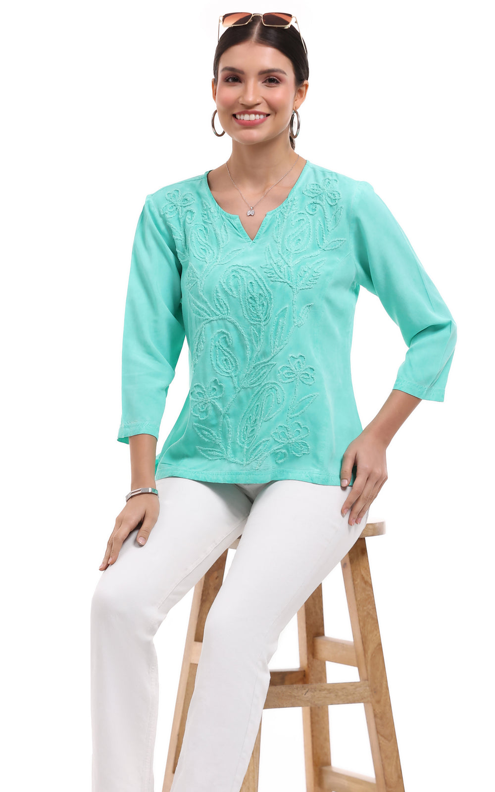 SADIE SEAFOAM EMBROIDERED SPLIT V-NECK SHIRT
