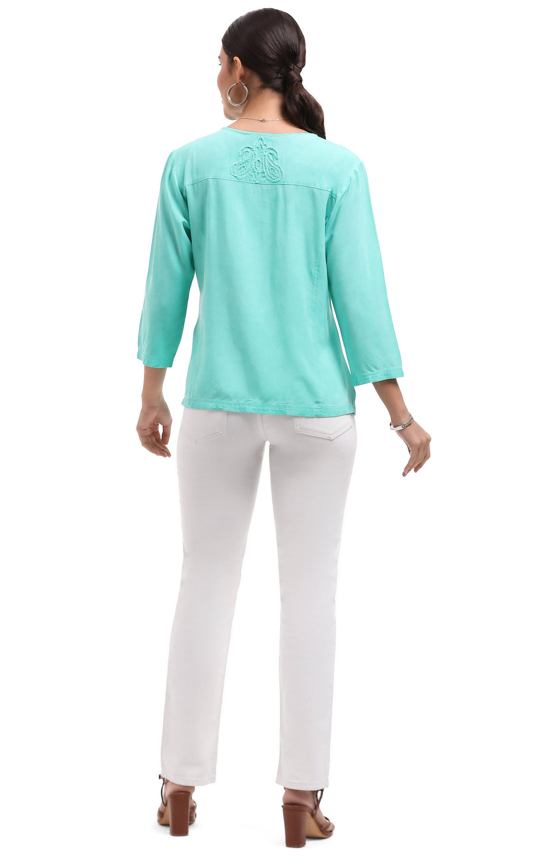 SADIE SEAFOAM EMBROIDERED SPLIT V-NECK SHIRT