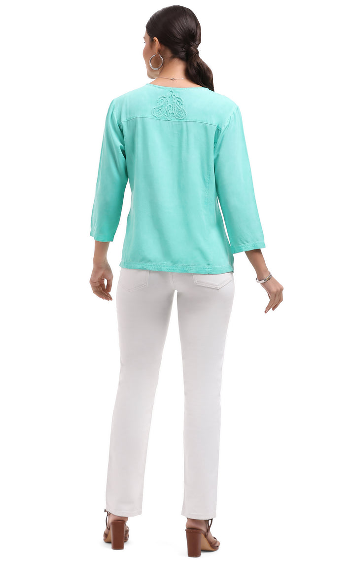 SADIE SEAFOAM EMBROIDERED SPLIT V-NECK SHIRT