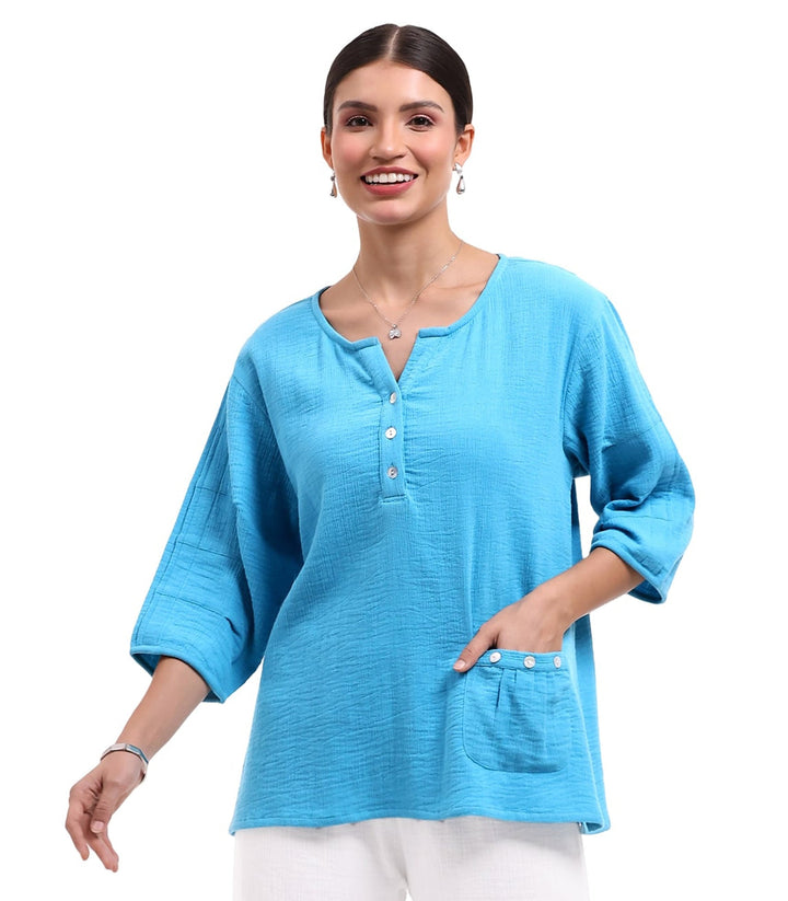 SHAWN OCEAN 3 BUTTON GAUZE TOP