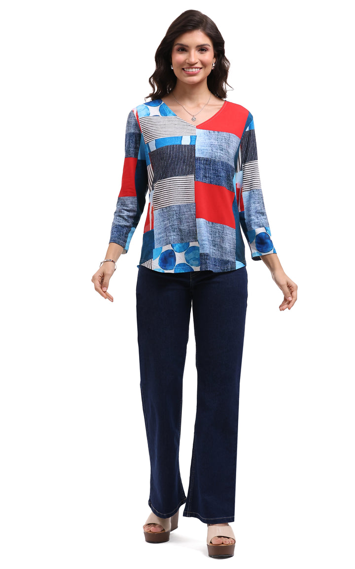 MONICA 3/4 SLEEVE BLOCK PRINT V-NECK TOP