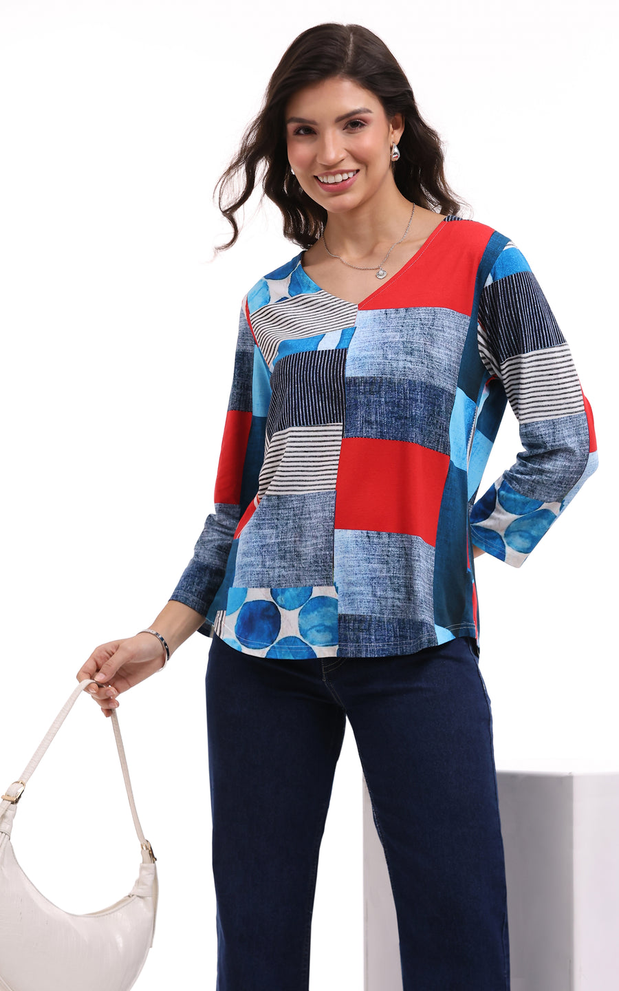 MONICA 3/4 SLEEVE BLOCK PRINT V-NECK TOP
