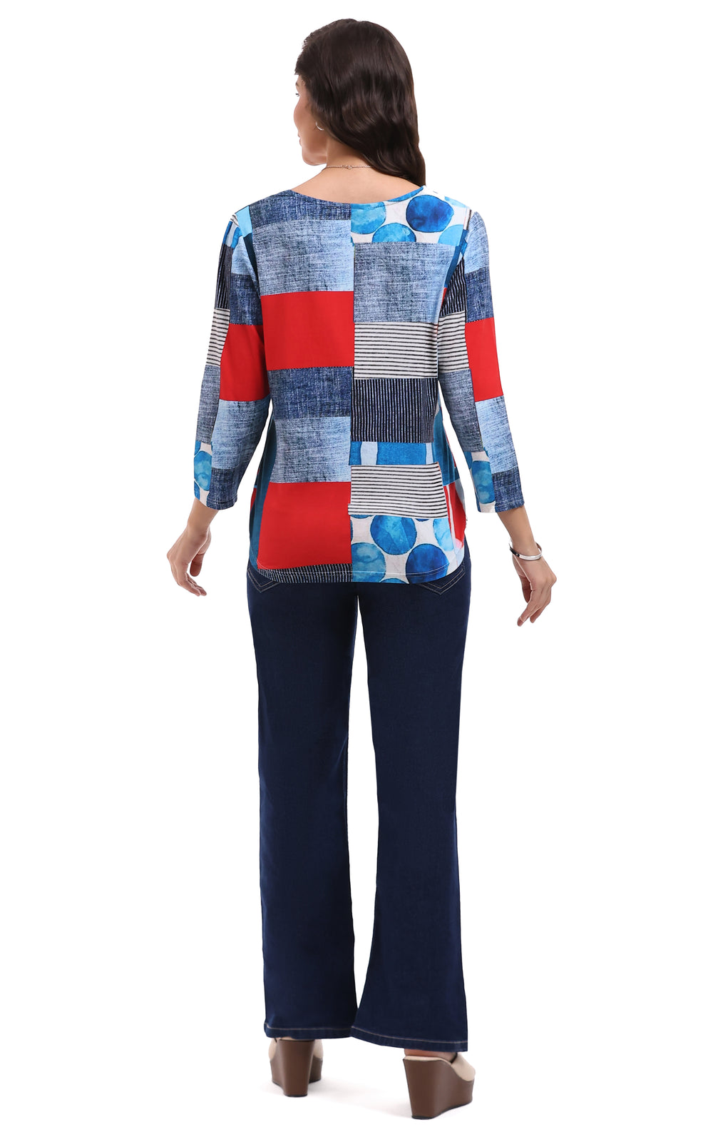MONICA 3/4 SLEEVE BLOCK PRINT V-NECK TOP
