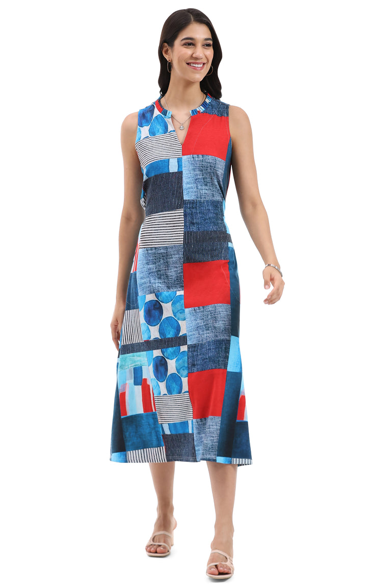 MONICA SLEEVELESS BLOCK PRINT KNIT MIDI DRESS