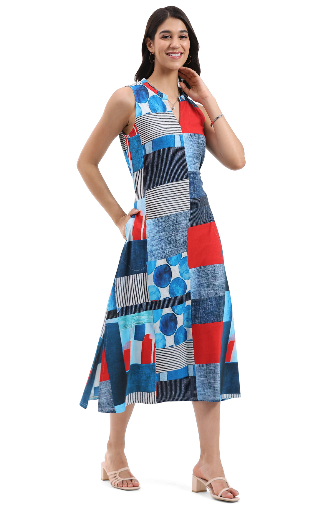 MONICA SLEEVELESS BLOCK PRINT KNIT MIDI DRESS