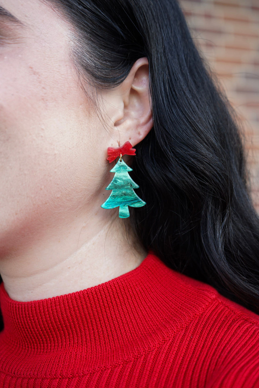 GREEN SHIMMER BOW CHRISTMAS TREE EARRINGS
