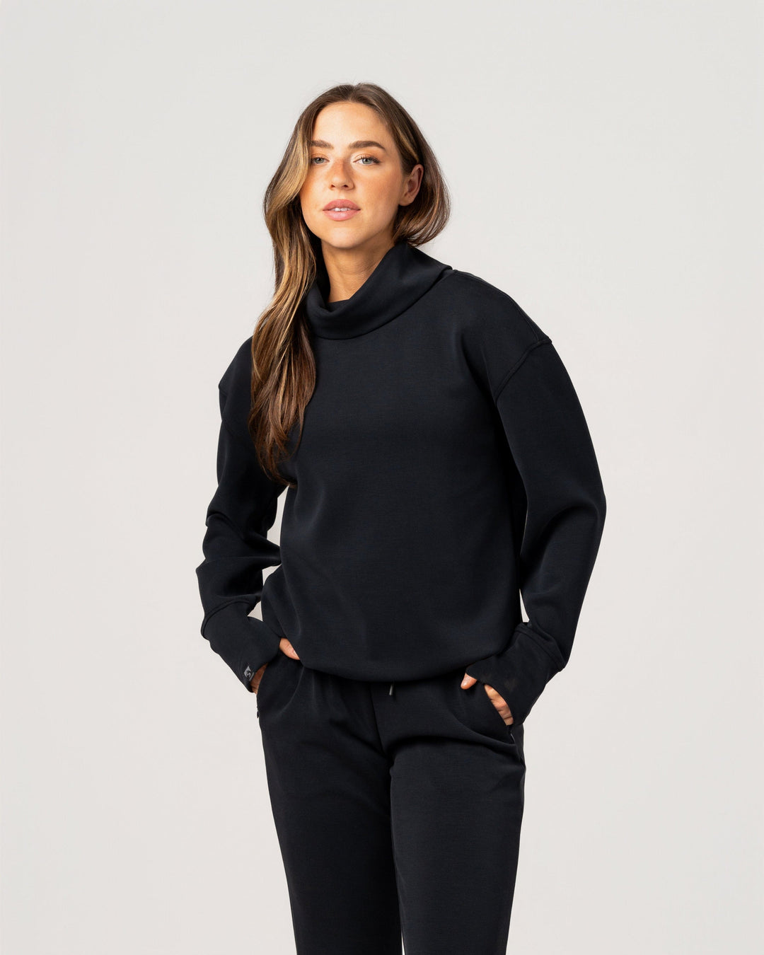 BLACK COMFORT ZONE FUNNEL NECK TOP
